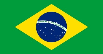 Flag of Brazil: a green background with a yellow diamond in the center, containing a blue globe with white stars and a white banner inscribed with 'Ordem e Progresso'.