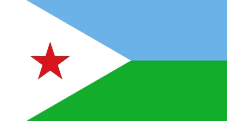 Flag of Djibouti with two equal horizontal stripes of light blue (top) and green (bottom), a white isosceles triangle at the hoist with a red five-pointed star in the center of the triangle.