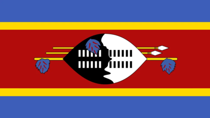 Flag of Eswatini featuring horizontal stripes of blue, yellow, and red with a black and white shield and spears in the center.