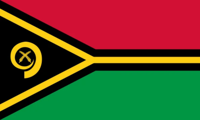 Vanuatu's flag has a black, red, and green horizontal design with a yellow triangle featuring a black boar's tusk and crossed fern leaves.