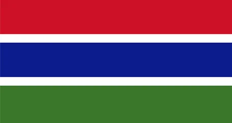 The Gambia flag with three horizontal stripes: red at the top, blue in the middle with white borders, and green at the bottom.