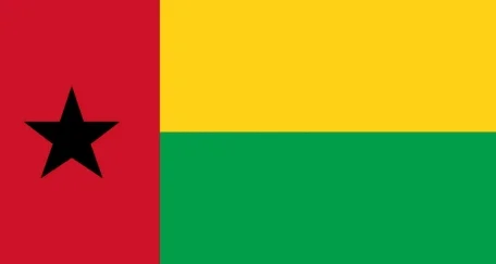 The flag of Guinea-Bissau has two horizontal stripes (yellow and green) and a vertical red stripe on the hoist side with a black star in the center of the red stripe.