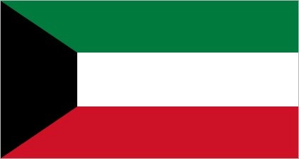 Flag of Kuwait: three horizontal stripes of green, white, and red with a black trapezoid on the left side.
