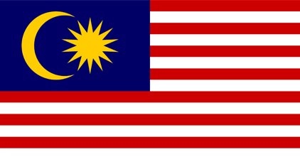 Flag of Malaysia: 14 alternating horizontal stripes of red and white, with a blue rectangle in the upper left corner containing a yellow crescent moon and a 14-point star.