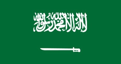 Flag of Saudi Arabia: a green field with white Arabic inscription above a horizontal white sword pointing to the left.