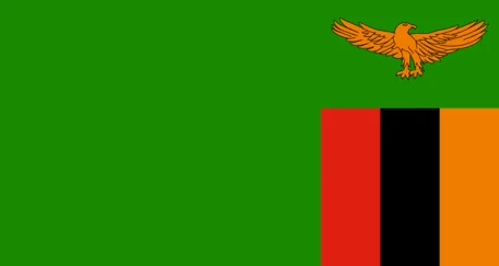 Flag of Zambia featuring a green field with a red stripe at the bottom, an orange eagle in flight above the stripe, and black, red, and orange vertical stripes on the left.