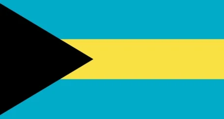 The flag of the Bahamas consists of three horizontal stripes (aquamarine, gold, aquamarine) with a black equilateral triangle on the hoist side.