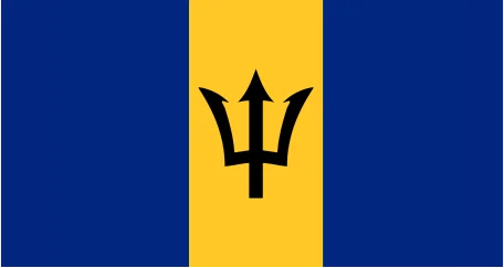 Flag of Barbados: A vertical tricolor of ultramarine, gold, and ultramarine, featuring a black trident head in the center of the gold stripe.