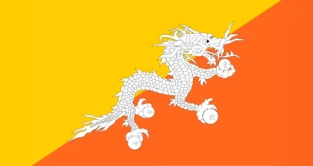 Flag of Bhutan: A diagonal bicolor of yellow and orange, featuring a white dragon across the middle, clutching jewels in its claws.