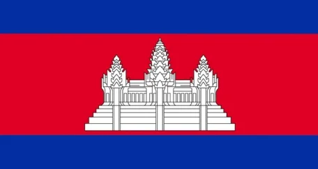 The flag of Cambodia features three horizontal stripes (blue, red, blue) with a white depiction of Angkor Wat in the center of the red stripe.