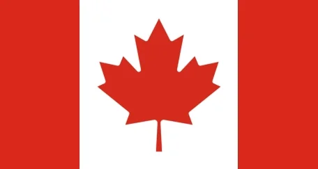 Flag of Canada: a red maple leaf in the center with red bars on the left and right sides on a white background.