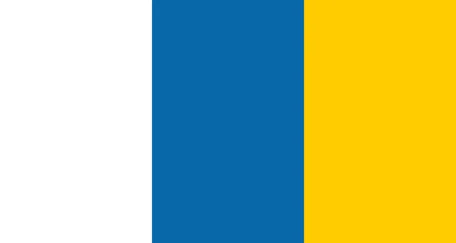 The flag is a vertical tricolor of white, blue, and yellow stripes. The state flag also features the Canary Islands' coat of arms in the center. 