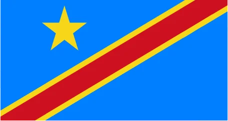 Flag of DRC: A sky blue field with a yellow star in the upper left corner and a diagonal red stripe bordered by yellow.
