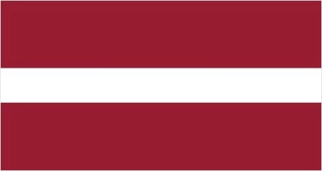 Flag of Latvia: two horizontal maroon stripes with a narrow white stripe in the middle.
