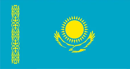 Country flag of Kazakhstan: A sky blue field with a golden sun and a soaring eagle in the center, flanked by a vertical national ornament on the hoist side.