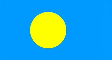 Flag of Palau: A light blue field with a large yellow circle slightly off-center towards the hoist side.