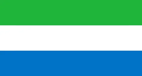 The flag of Sierra Leone consists of three horizontal stripes: green at the top, white in the middle, and blue at the bottom. The green represents the country's natural resources, the white symbolizes peace, and the blue stands for the Atlantic Ocean.