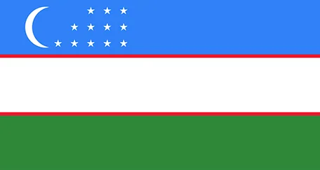 Country flag of Uzbekistan: A blue field with a white stripe, a green stripe, and red borders, featuring a crescent moon and stars in the upper left corner.