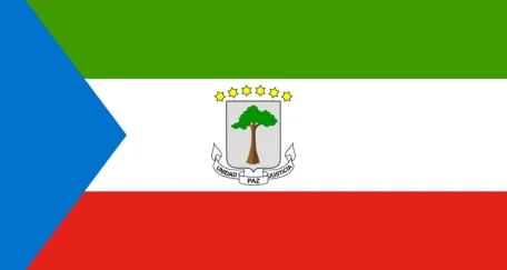 The flag of Equatorial Guinea has three horizontal stripes (green, white, red) with a blue triangle on the hoist side and the national coat of arms in the center of the white stripe.