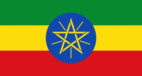 Flag of Ethiopia with horizontal stripes of green, yellow, and red, featuring a blue circle with a yellow star in the center.