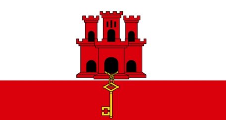 Gibraltar flag with two horizontal stripes: white on top and red on the bottom, featuring a red castle and a golden key in the center.