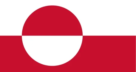 Flag of Greenland: two horizontal stripes in white and red with a red and white circle slightly off-center towards the hoist.