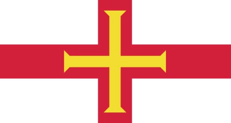 Flag of Guernsey: a red cross with a smaller yellow cross within it on a white background.