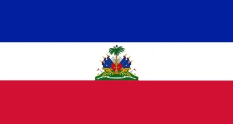 The flag of Haiti consists of two horizontal stripes (blue and red) with the national coat of arms in the center.
