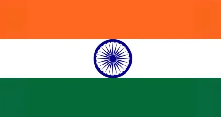 Flag of India: three horizontal stripes of saffron, white, and green with a navy blue Ashoka Chakra (24-spoke wheel) in the center of the white stripe.