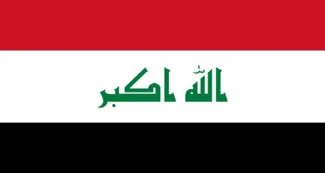 The flag of Iraq has three horizontal stripes (red, white, black) with the Arabic text 