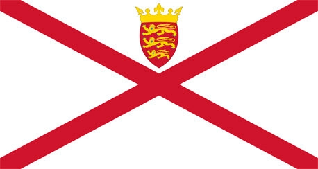 Flag of Jersey: a red diagonal cross extending to the corners on a white background with a red and yellow crown above a small shield in the top center.