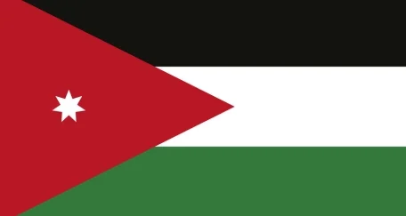 Flag of Jordan: three horizontal stripes in black, white, and green with a red triangle on the hoist side containing a white seven-pointed star.
