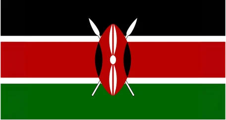 Flag of Kenya: A black, red, and green horizontal tricolor with a white border, featuring a Maasai shield and spears at the center.