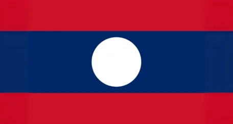 Flag of Laos: A horizontal triband of red, blue, and red with a white circle in the center