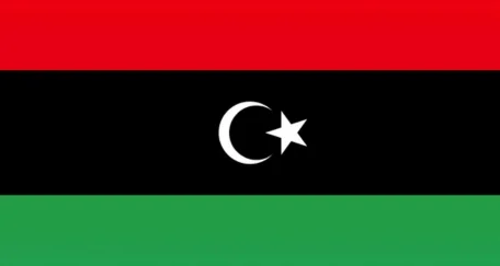 Libya flag: Horizontal stripes of red, black, and green with a white crescent and star in the center of the black stripe.