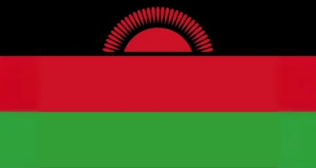 Flag of Malawi: A horizontal tricolor of black, red, and green with a red rising sun in the center.