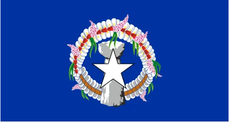 Flag of Northern Mariana Islands: A blue field with a white star in a gray circle, surrounded by a wreath, on the left side.