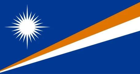 Marshall Islands flag: Blue field with two diagonal stripes (orange and white) radiating from the lower hoist side, and a white star with four points in the upper hoist corner.