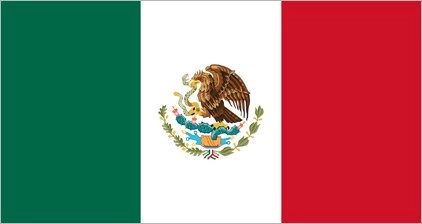 Flag of Mexico: three vertical stripes of green, white, and red with a national coat of arms in the center of the white stripe, featuring an eagle perched on a cactus with a snake in its beak.