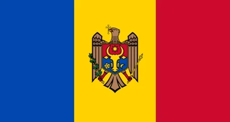 Flag of Moldova: three vertical stripes in blue, yellow, and red with the national coat of arms in the center of the yellow stripe.