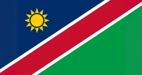 Flag of Namibia: A blue field with a yellow sun in the upper left corner, a red diagonal stripe bordered by white, and a green triangle on the right.