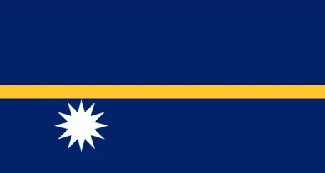 Nauru flag: Blue field with a horizontal yellow stripe and a white 12-pointed star on the left.