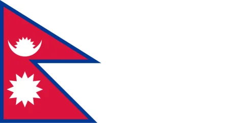 Country flag of Nepal consists of two stacked triangles. The flag is crimson with blue borders. The top triangle features a white moon scattering eight rays, with a crescent attached below. The bottom triangle features a white twelve-rayed sun.