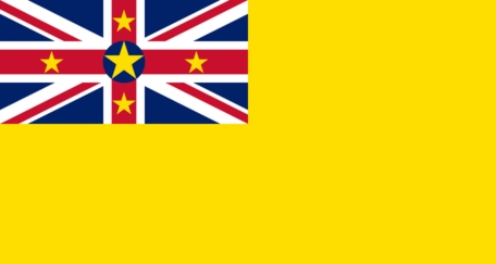 The flag of Niue is yellow with the Union Jack in the upper left corner and a small shield featuring a blue field with a white star and a red border on the right side. The yellow represents the island's sunny climate and the Union Jack symbolizes its ties
