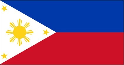 Flag of the Philippines: two horizontal stripes of blue and red with a white triangle on the left containing a yellow sun and three yellow stars.