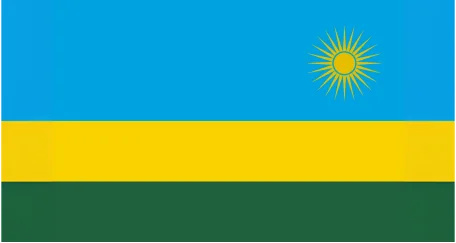 Flag of Rwanda: A vertical tricolor of blue, yellow, and green with a golden sun in the upper right corner.