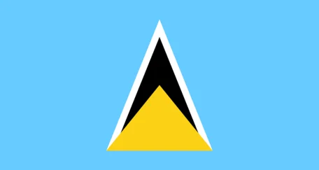 A cerulean blue field with a central emblem consisting of a yellow isosceles triangle below a black arrowhead edged in white.
