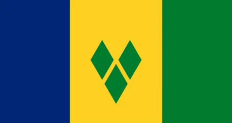 Flag of St. Vincent and the Grenadines: A blue, yellow, and green vertical tricolor with three green diamonds arranged in a V-shape in the center.