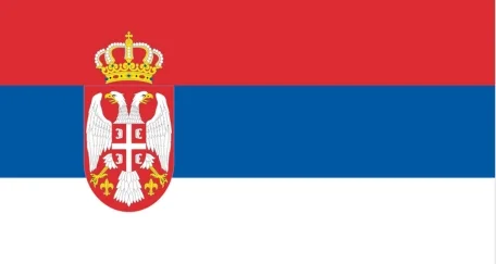 The flag of Serbia consists of three horizontal stripes: red at the top, blue in the middle, and white at the bottom. The coat of arms is positioned on the left side of the flag.