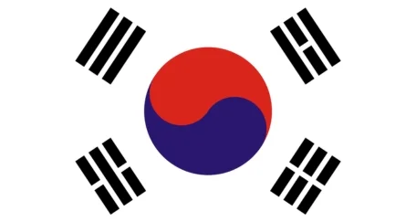 The flag of South Korea features a white background with a red and blue yin-yang symbol (taeguk) in the center, surrounded by four black trigrams, one in each corner.